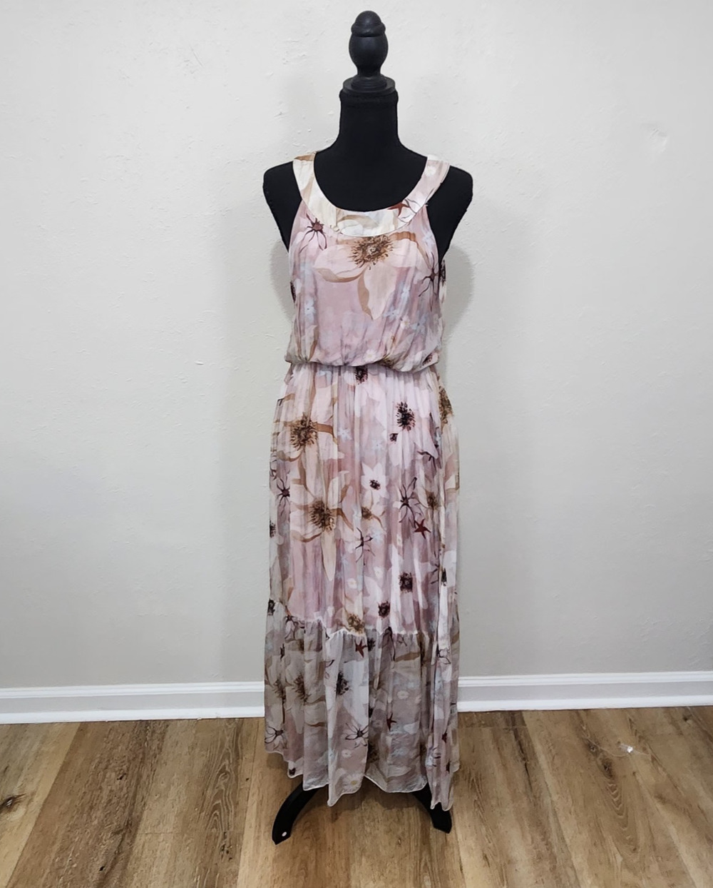 Le Ragazze Italy Silk Maxi Dress Womens M Floral Tiered Boho Romantic Garden